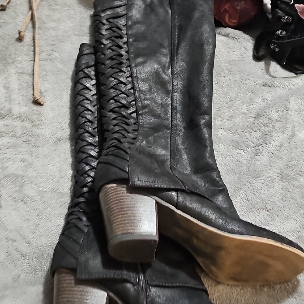 Fergalicious Black Over the Knee Boots with Braided Detail